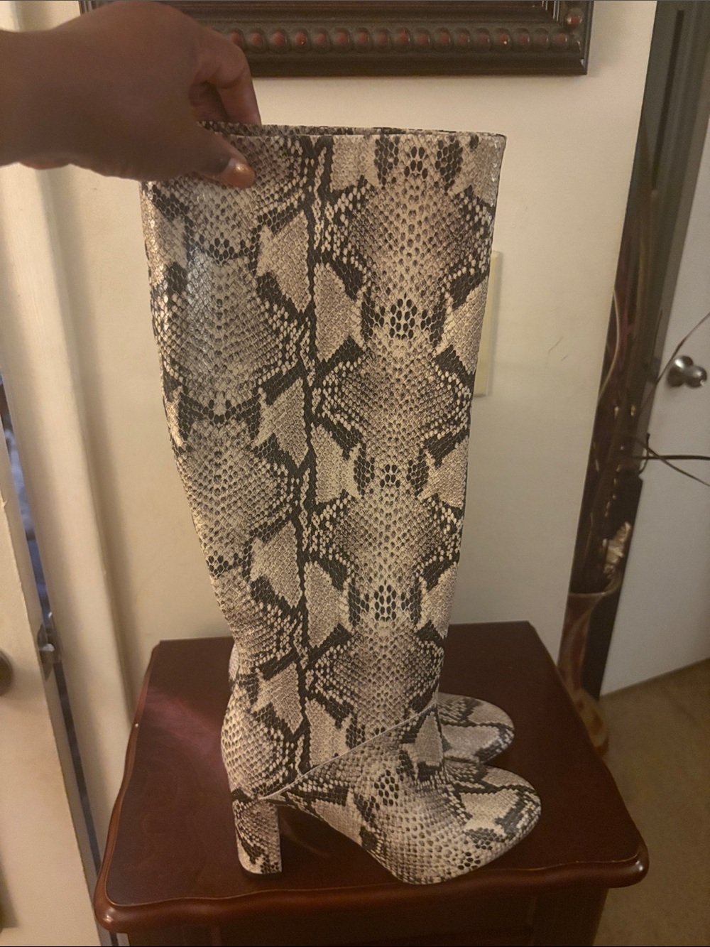 Cole Haan Snake-Print Knee-High Boots in Black and Cream